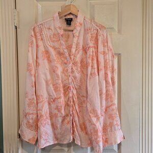 100% Linen Floral Blouse Womens Size 16 Peach Pintuck Button Front Rafaella
